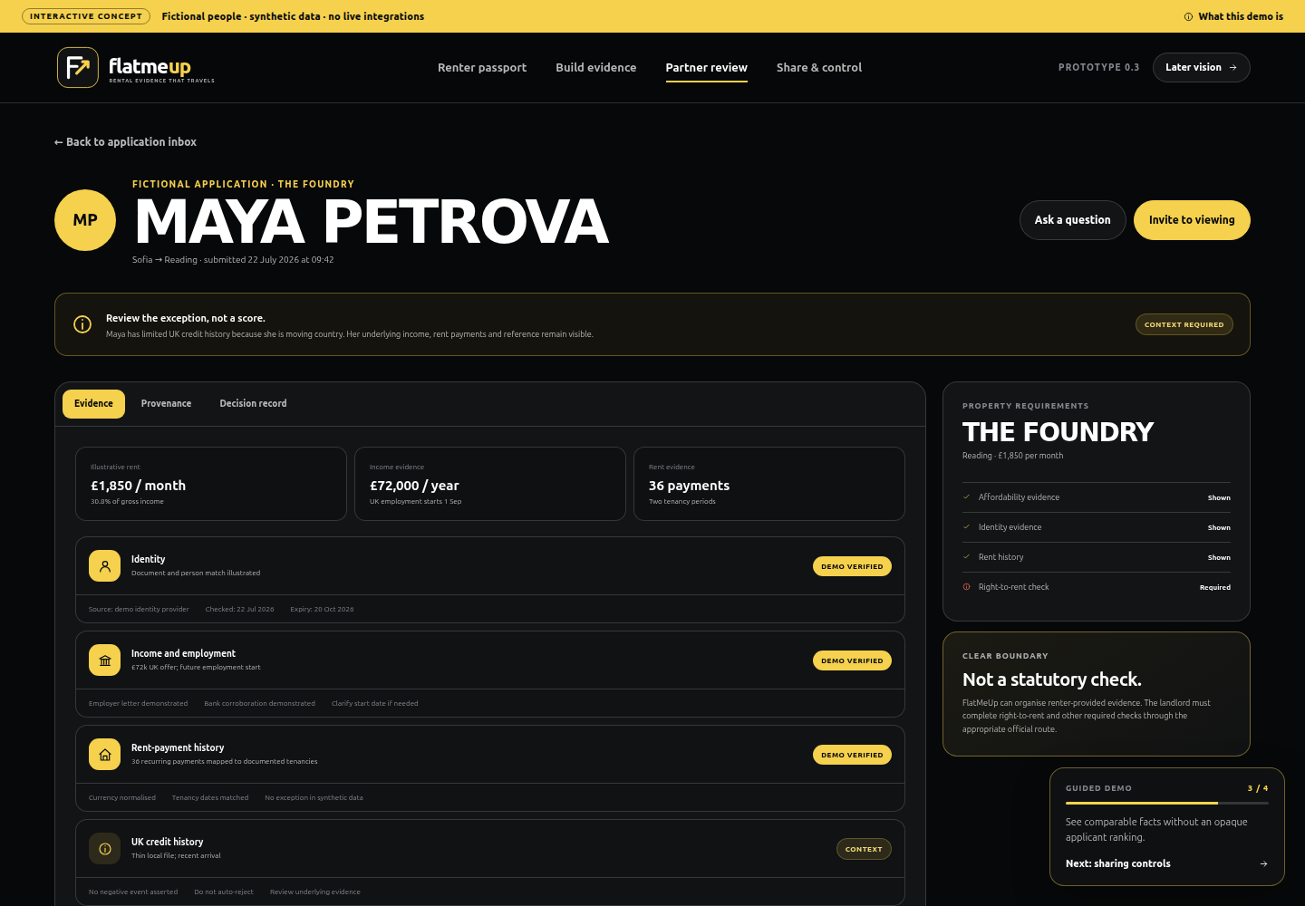 Fictional landlord review workspace showing evidence, provenance and a human decision record