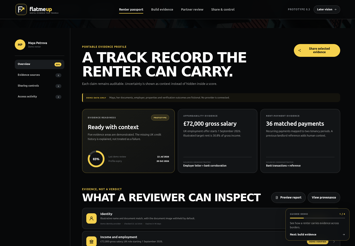FlatMeUp renter-passport concept showing fictional evidence and synthetic data